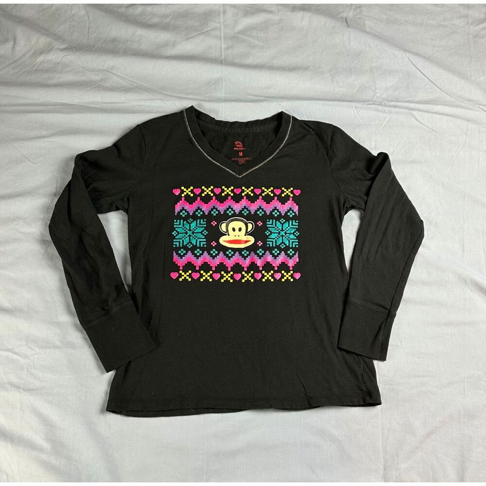 Paul Frank Women's Monkey Snowflake Long Sleeve V-Neck Shirt Top Black Size M